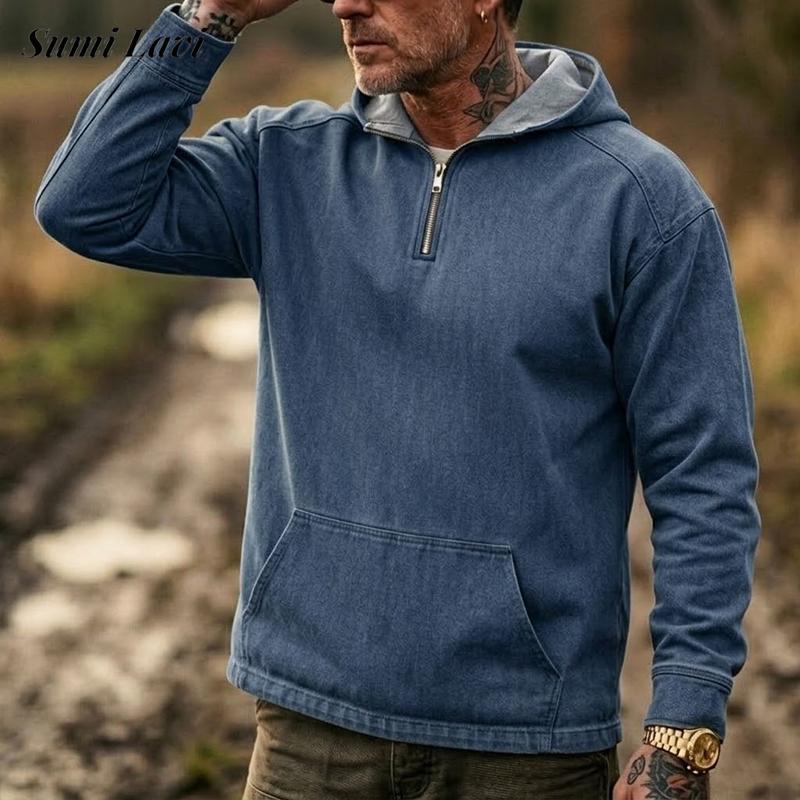 Vintage Zip Hoodie - ヴィンテージ風メンズデニムパーカーポロシャツ、2026年春・秋コレクション、無地、ハーフジップ、普段使いに最適なカジュアルなメンズトレンドスポーツトップス。