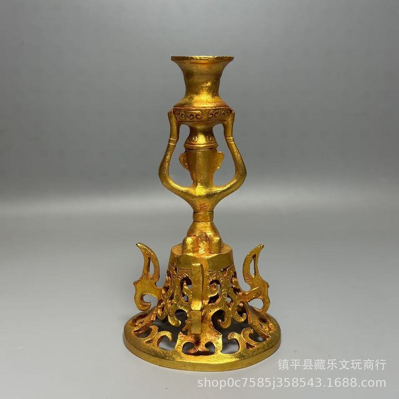 Collectible Vintage Lamps - アンティークの三興図の複製、手持ちの宝花瓶と灯台、透かし彫りの金メッキ燭台、収集価値のある美術品
