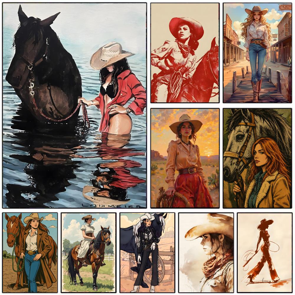 Vintage Collectible Posters - ヴィンテージ風カウガールをテーマにしたポスター。モダンなインテリア装飾や、現代的な壁掛けアートコレクションに最適。