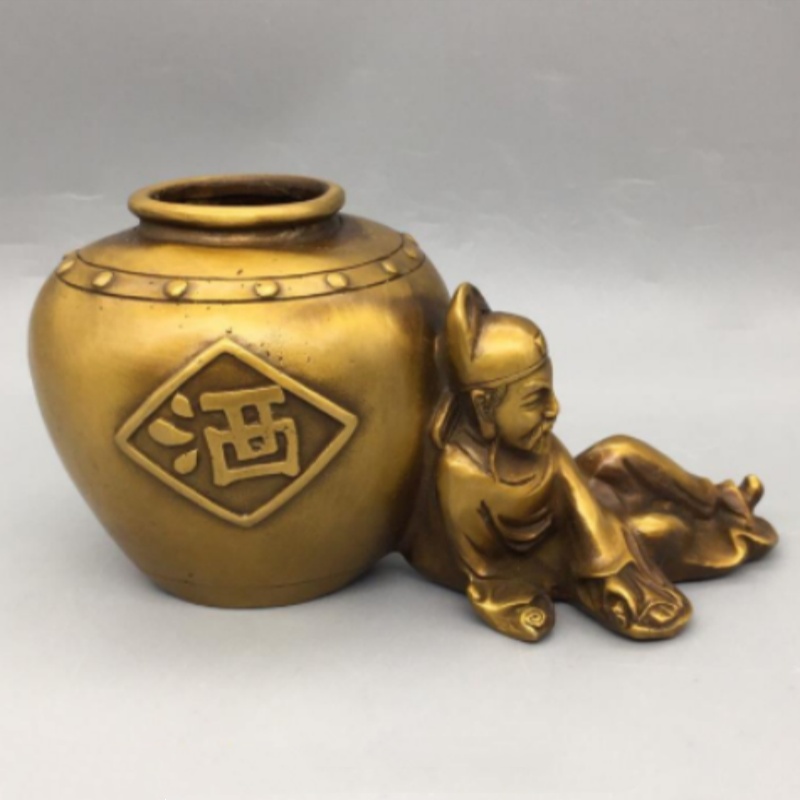 Collectible Vintage Wine - アンティーク真鍮製の李白「酔仙」像 - 真鍮製の香炉、筆洗、卓上装飾品、民俗芸術のコレクション