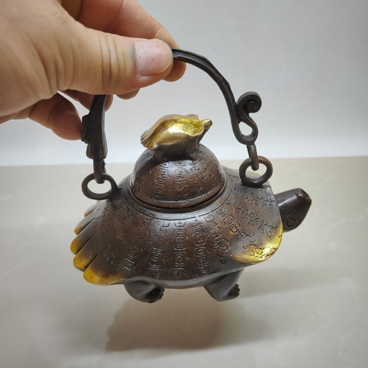 Collectible Vintage Wine - 金メッキ真鍮長寿亀ティーポット＆ワインポット飾り、ヴィンテージハンドル付き銅製ポット、家の装飾やコレクションに