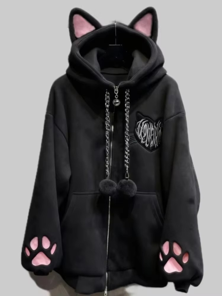 Vintage Zip Hoodie - 日本のヴィンテージゴシック風、猫耳付きフード付きコート、女性用、キュートでかわいい、うさぎ耳デザイン、ゆったりとしたスウェットシャツ、秋・冬、Y2K、原宿風、アウター。