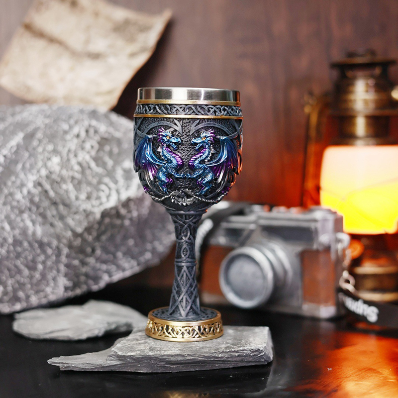 Collectible Vintage Wine - ヴィンテージゴシック ダブルドラゴン ゴブレットカップ ワイングラス 中世風 チャリス