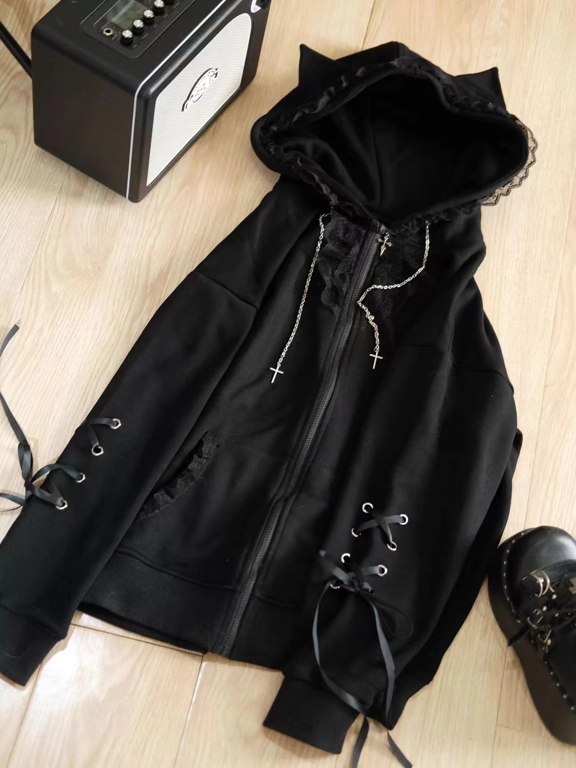 原宿Y2K女性用アウターウェア、猫耳付きフード付きジャケット - Vintage Zip Hoodie のレビューと価格