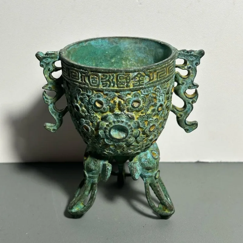 アンティークブロンズ製儀式用カップ、双龍柄、三象脚、ワインゴ - Collectible Vintage Wine のレビューと価格