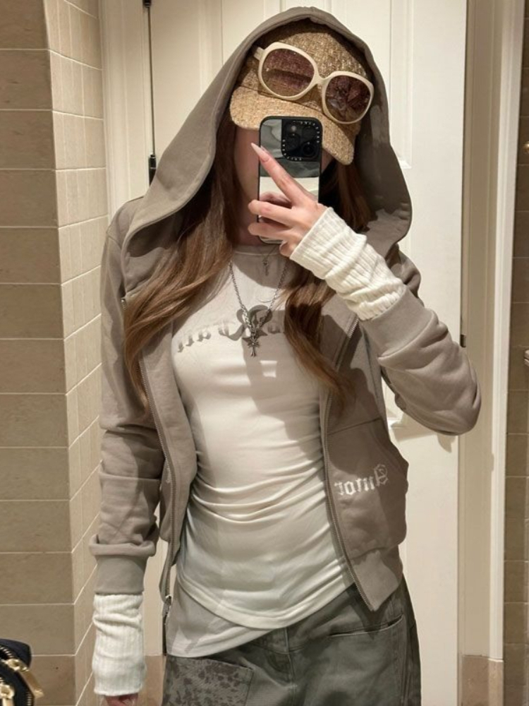 秋のY2Kヴィンテージ風ヘビーコットンレタープリントフロント - Vintage Zip Hoodie のレビューと価格